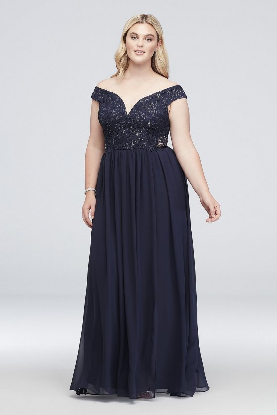 Off-the-Shoulder Metallic Lace Plus Size Gown 3471RJ4W [3471RJ4W]