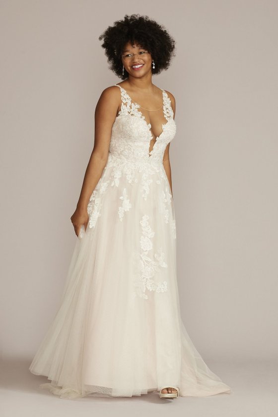 Illusion Plunge V-Neck Lace Plus Size Wedding Gown Oleg Cassini 8CWG924