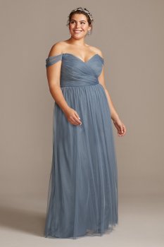 New Style Long A-line Pleated Soft Net Off the Shoulder Bridesmaid Dress F20116