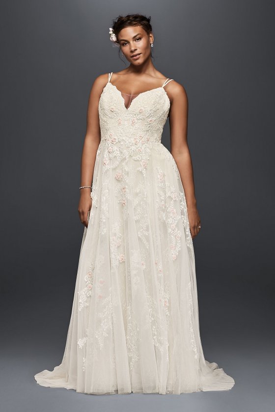 Plus Size Long A-line Flower Embroidered Double Skinny Straps Bridal Gown 8MS251177 [MR8MS251177]