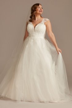 Plunging Cap Sleeve Plus Size Tulle Wedding Dress Oleg Cassini 8CWG901