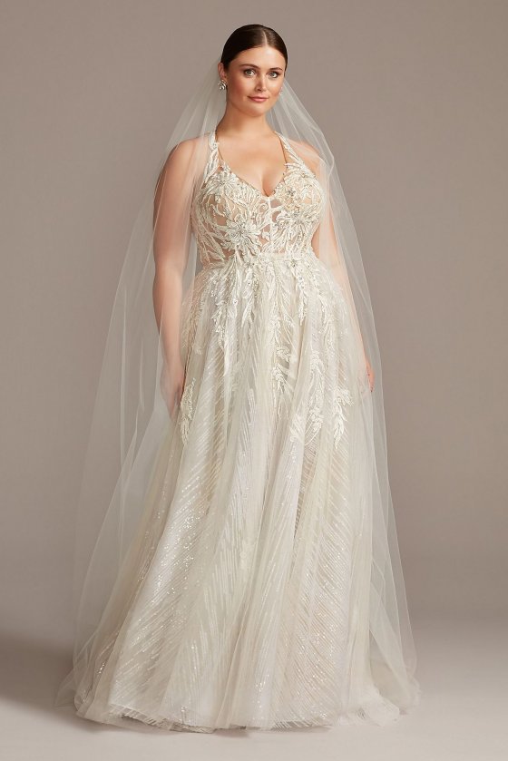 Floral Applique Open Back Tall Plus Wedding Dress Galina Signature 4XL9SWG841