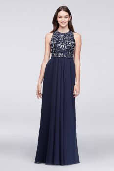 High Neck Sequined Lace and Chiffon Dress F19452