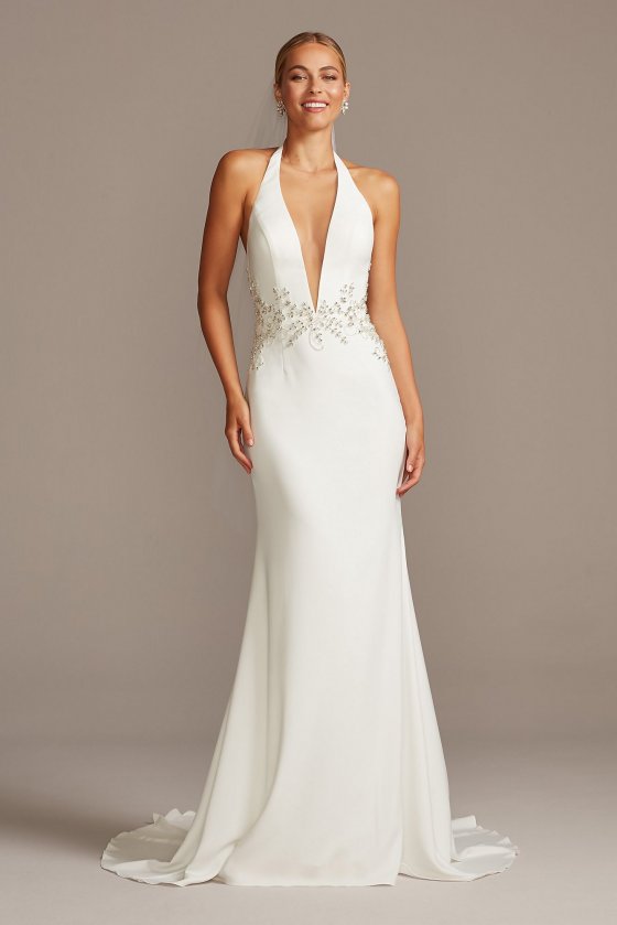 SWG838 Plunge Halter Wedding Dress with Embellished Waist [SWG838]