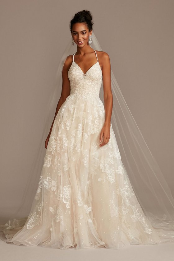 Large Floral Applique Beaded Strap Wedding Dress CWG879 [CWG879]