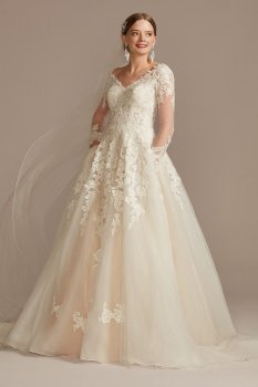 Lace and Tulle Long Sleeve Tall Wedding Dress David's Bridal Collection 4XLSLWG3861