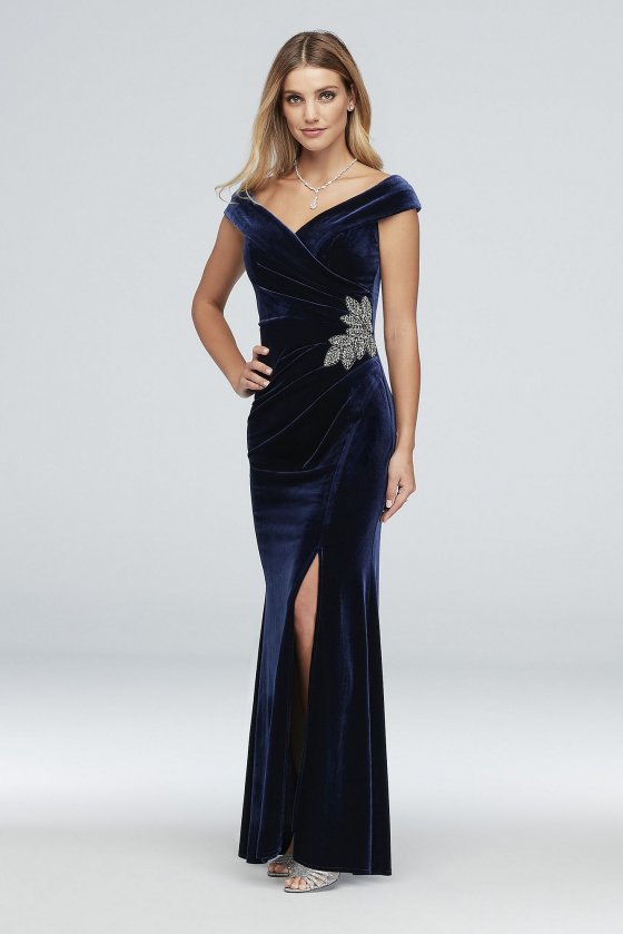 Off-the-Shoulder Velvet Gown with Beaded Detail 8191770