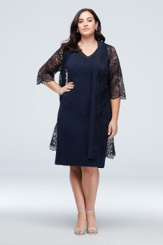 Above Knee Beaded V-neck Dress with Lace Jacket Style 27805