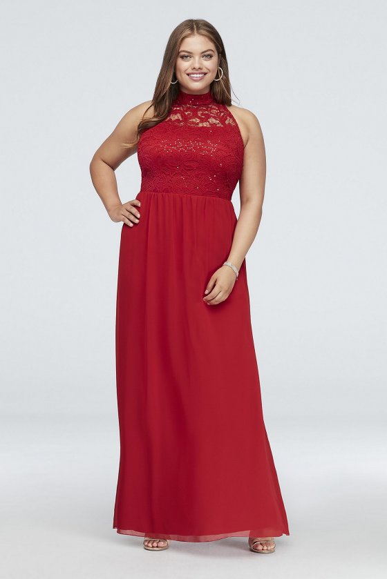 High-Neck Illusion Lace and Chiffon Plus Size Gown W37041H664