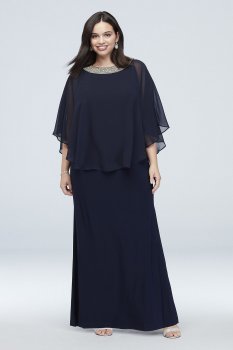 Long Sheath Jersey Plus Size Capelet Dress with Beaded Neck 2328DW