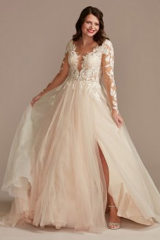 Illusion Long Sleeve Lace Appliqued Wedding Dress Galina Signature SLSWG862