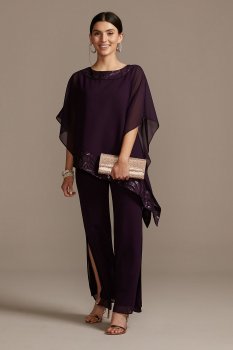 Asymmetric Chiffon and Embroidery Pant Suit Set 28536