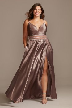 Satin Plunge Plus Size Gown with Illusion and Slit W43391Q96