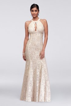 Long Glitter Lace Halter Dress with Keyhole Neck 21416