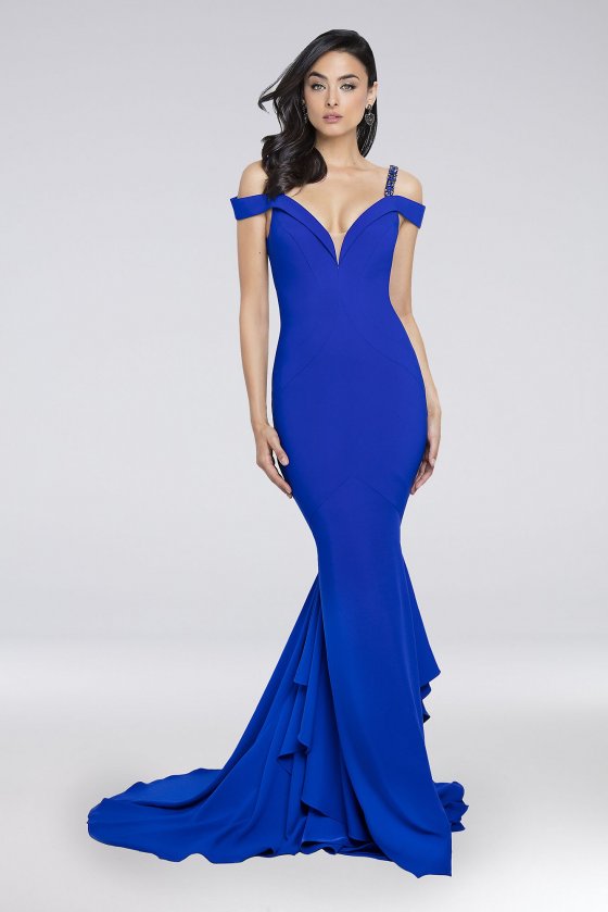 Beaded Strap Plunging Off-the-Shoulder Gown 1723E4264 [1723E4264]