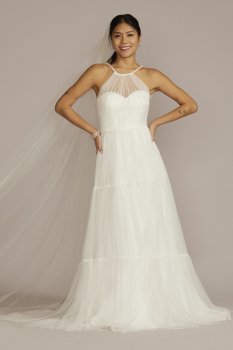 Halter Tulle Tall Wedding Gown with Tiered Skirt DB Studio 4XLWG4050