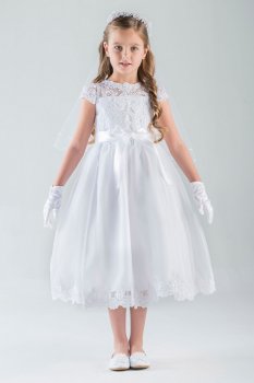 Cap Sleeves Lac and Tulle Flower Girl Dress with Bow C5-352