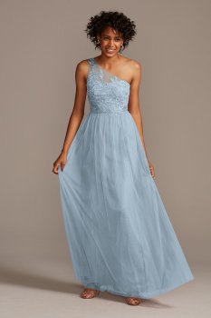 One-Shoulder Embroidered Soft Net Bridesmaid Dress F20121