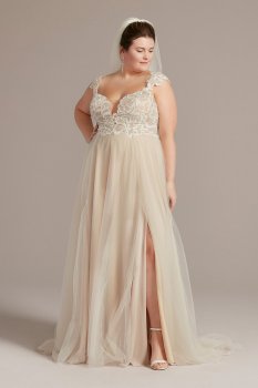 Floral Applique Cap Sleeve Tall Plus Wedding Gown DB Studio 4XL9WG4065