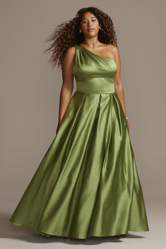 Plus Size Olive One Shoulder Long Satin 2025BNW Dress with Strappy Back [2025BNW]