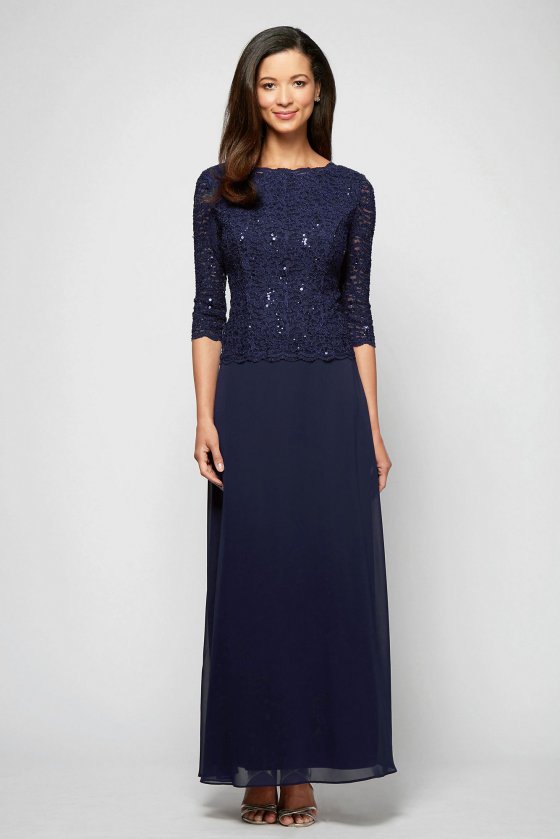 Sequin Lace 3/4 Sleeves Long Boatneck Petite Gown with V-Back 212318 [MR212318]