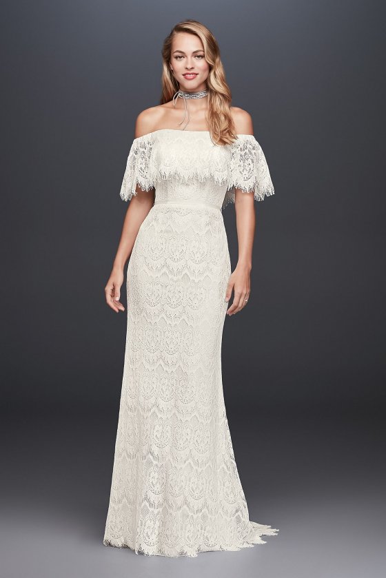 Off-The-Shoulder Eyelash Lace Sheath Wedding Dress WG3892 [WG3892]