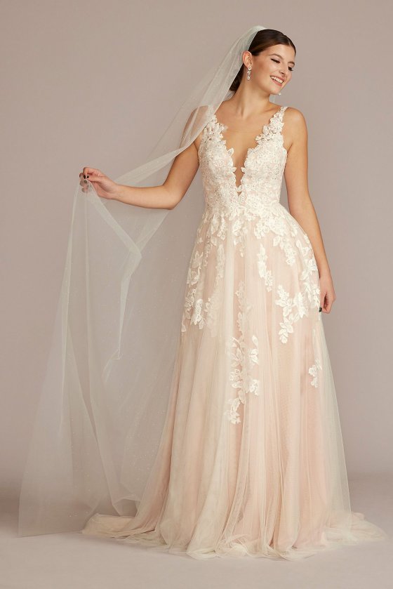 Illusion Plunge V-Neck Lace Wedding Gown Oleg Cassini CWG924