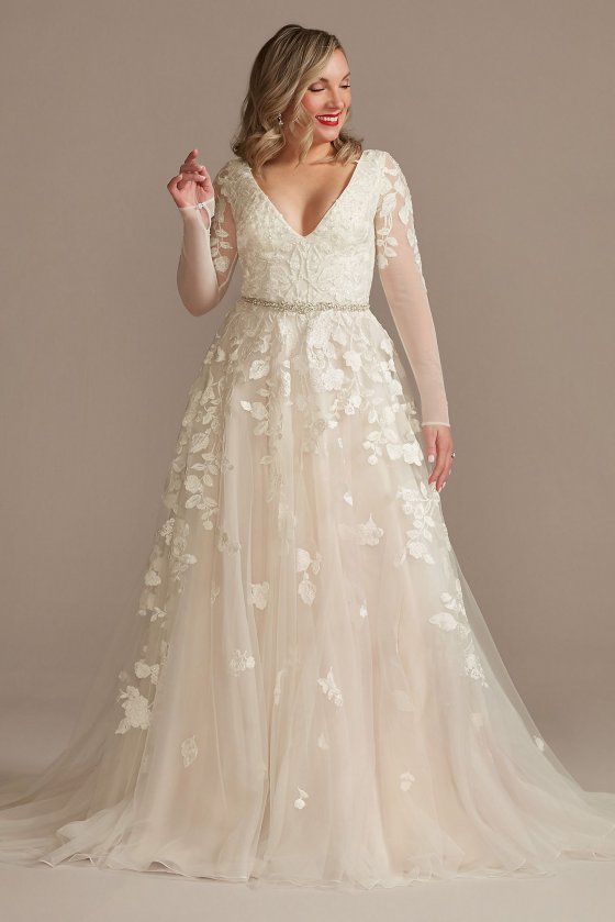 Illusion Long Sleeve Plunge Tall Wedding Dress Galina Signature 4XLLBSWG820