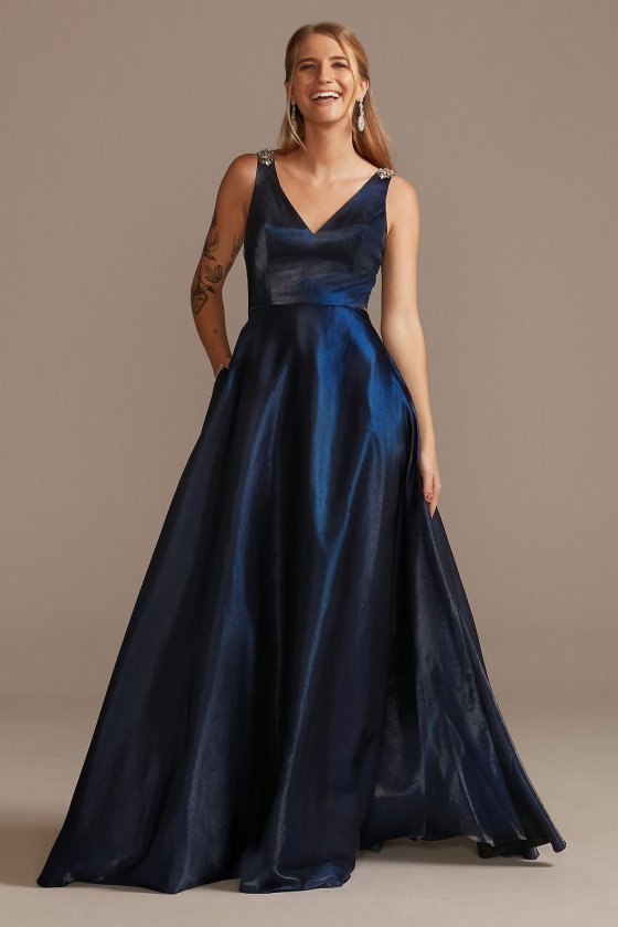 V-Neck Satin Ball Gown with Crystal Strap Details David's Bridal WBM2396