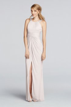 Long Beaded U Neck Mesh Dress with Ruched Waist F17093