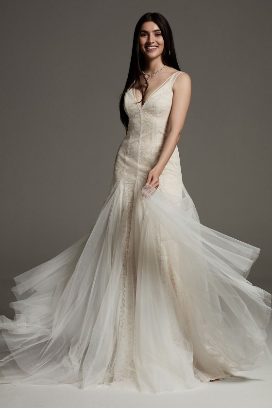 Plunging Tulle Godet Overdress Wedding Dress VW351563 [VW351563]