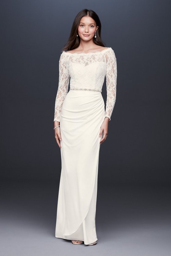 Off-the-Shoulder Long Sleeve Lace Draped Gown 184213DB [184213DB]
