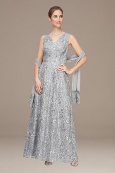 Sleeveless Embroidered Tulle Gown with Shawl Alex Evenings 81171077