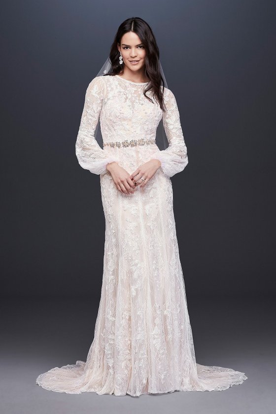 Bishop Sleeve Lace Sheath Wedding Dress MS251195 [MS251195]