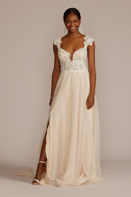 Floral Applique Cap Sleeve Petite Wedding Gown DB Studio 7WG4065
