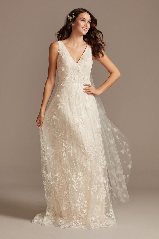 Floral Embroidered Wedding Dress with Veiled Train MS251228