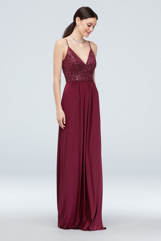 Long Spaghetti Straps Stretch Jersey Bridesmaid Dress DS270031 with Sequin Bodice [MRDS270031]