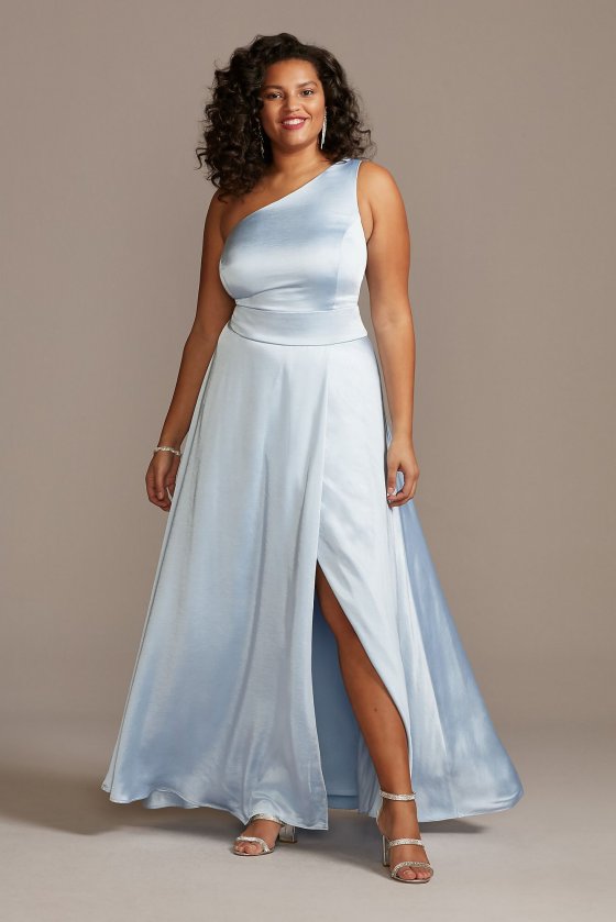 One Shoulder Satin Plus Size Gown with Front Slit W44552QA40