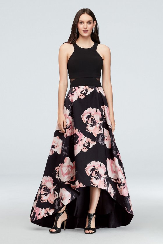 Hatler Neck 1042X Long Jersey and Floral Satin High-Low Ball Gown [1042X]