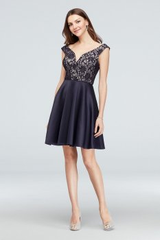 Short V-Neck Bonded Lace and Satin Party Dress 3447TP4H