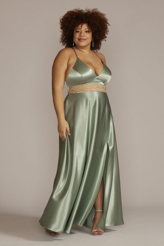 Plus Satin Gown with Embellished Illusion Waist Jules and Cleo WBM2776W