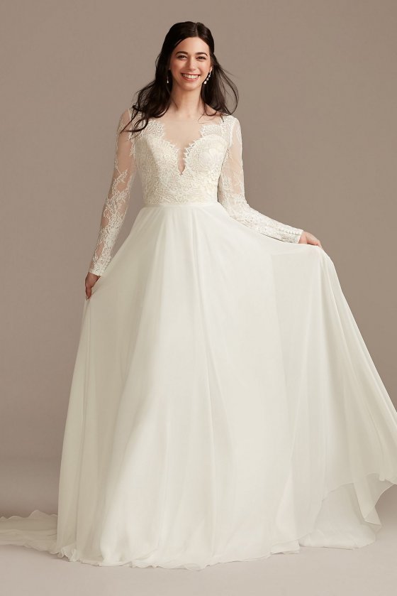 Long Sleeve Plunge Lace Chiffon Wedding Dress DB Studio WG4035