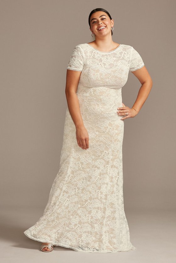 Plus Size Short Sleeves Long Fit and Flare 8MS161216 Style Lace Wedding Gown