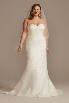 Shirred Plus Size Lace Strapless Wedding Dress Oleg Cassini 8CWG906
