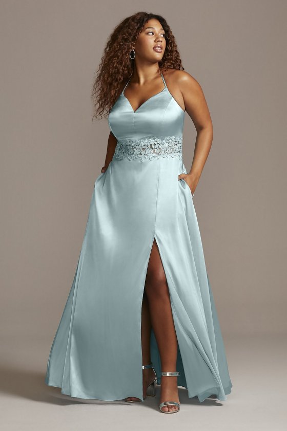 Plunging-V Embellished Waist Satin Plus Size 5912CM4W Dress [5912CM4W]