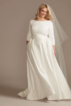 3/4 Sleeve Low Back Satin Plus Size Wedding Dress David's Bridal 9WG4005