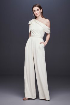 One-Shoulder Crepe Wedding Jumpsuit with Bow DS870059