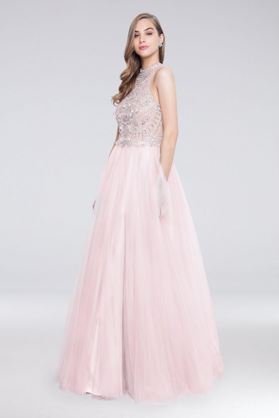 High-Neck Long Tulle Ball Gown with Beaded Bodice 1812P5868 [1812P5868]