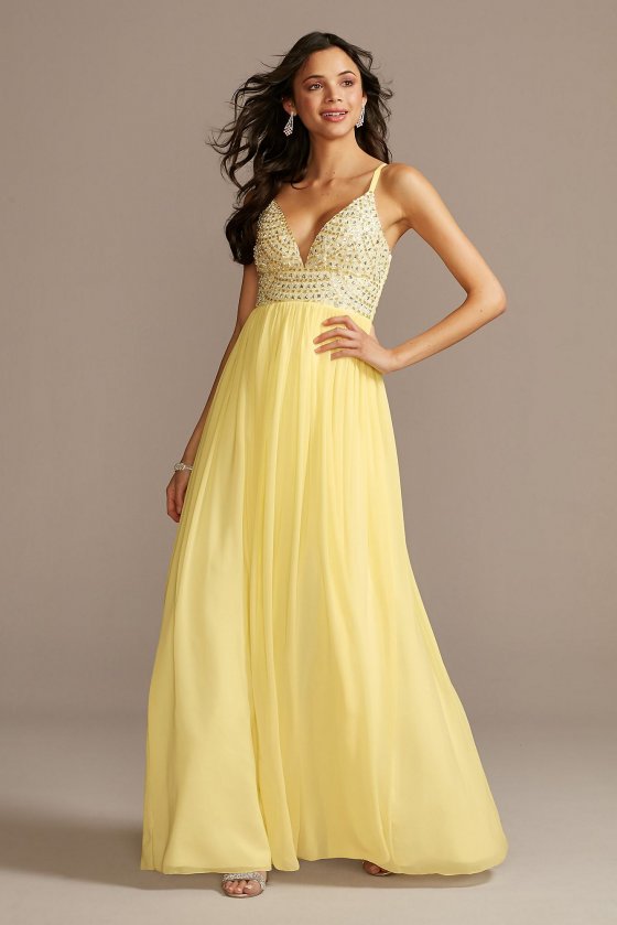 X36835CA7 Plunging Chiffon Gown with Embellished Bodice [X36835CA7]