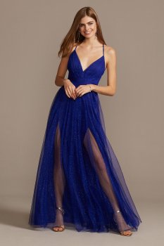 Pleated Bodice Gown with Glitter Tulle Overlay ADS1237420